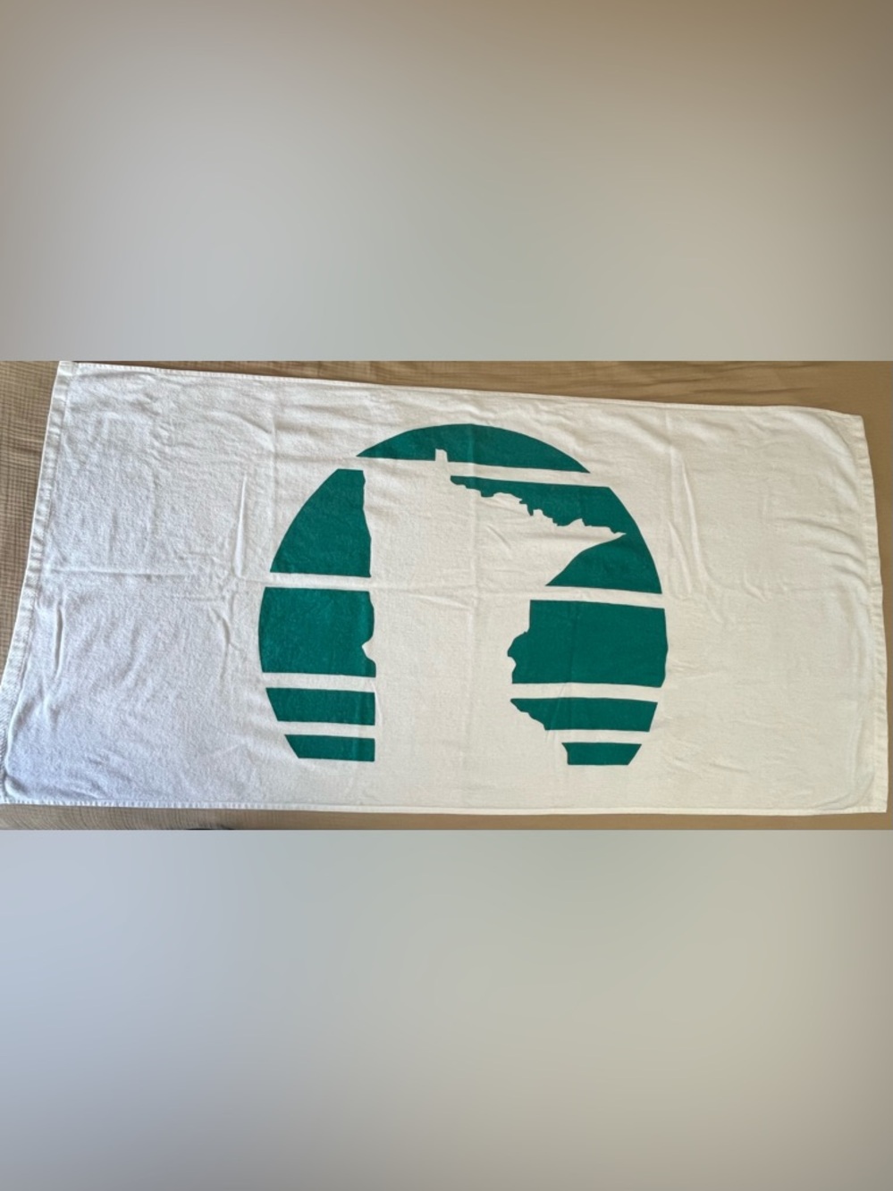 White-100% Cotton-Towel w/Teal Graphic-MN State Design. NEW NEVER USED